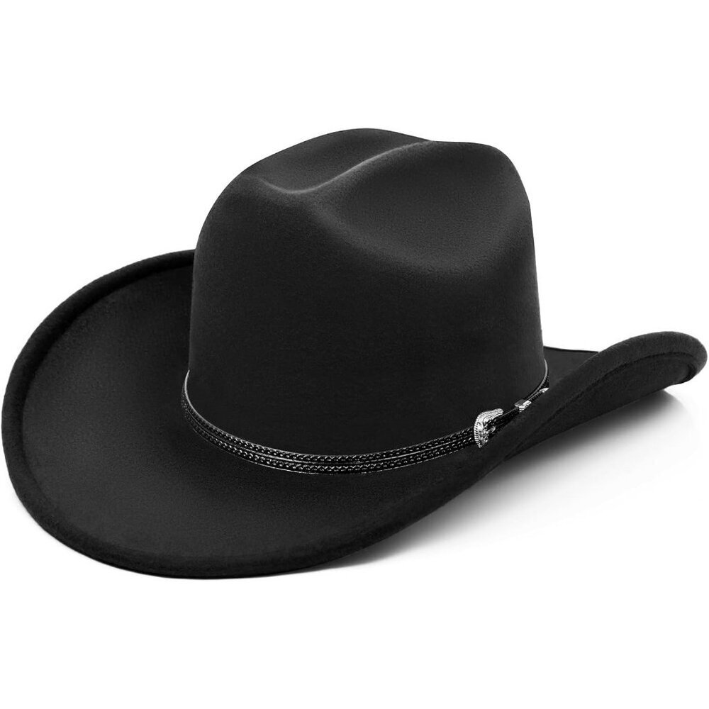 Unisex Black 100% Polyester Western Brim Braided Band Classic Fedora Cowboy Hat